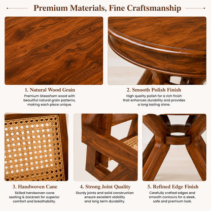 Premwood Solid Sheesham Wood Round Dining Table Set with 2 Cane Chairs | 100 cm Round Wooden Dining Set for Home & Dining Room | Honey Finish
