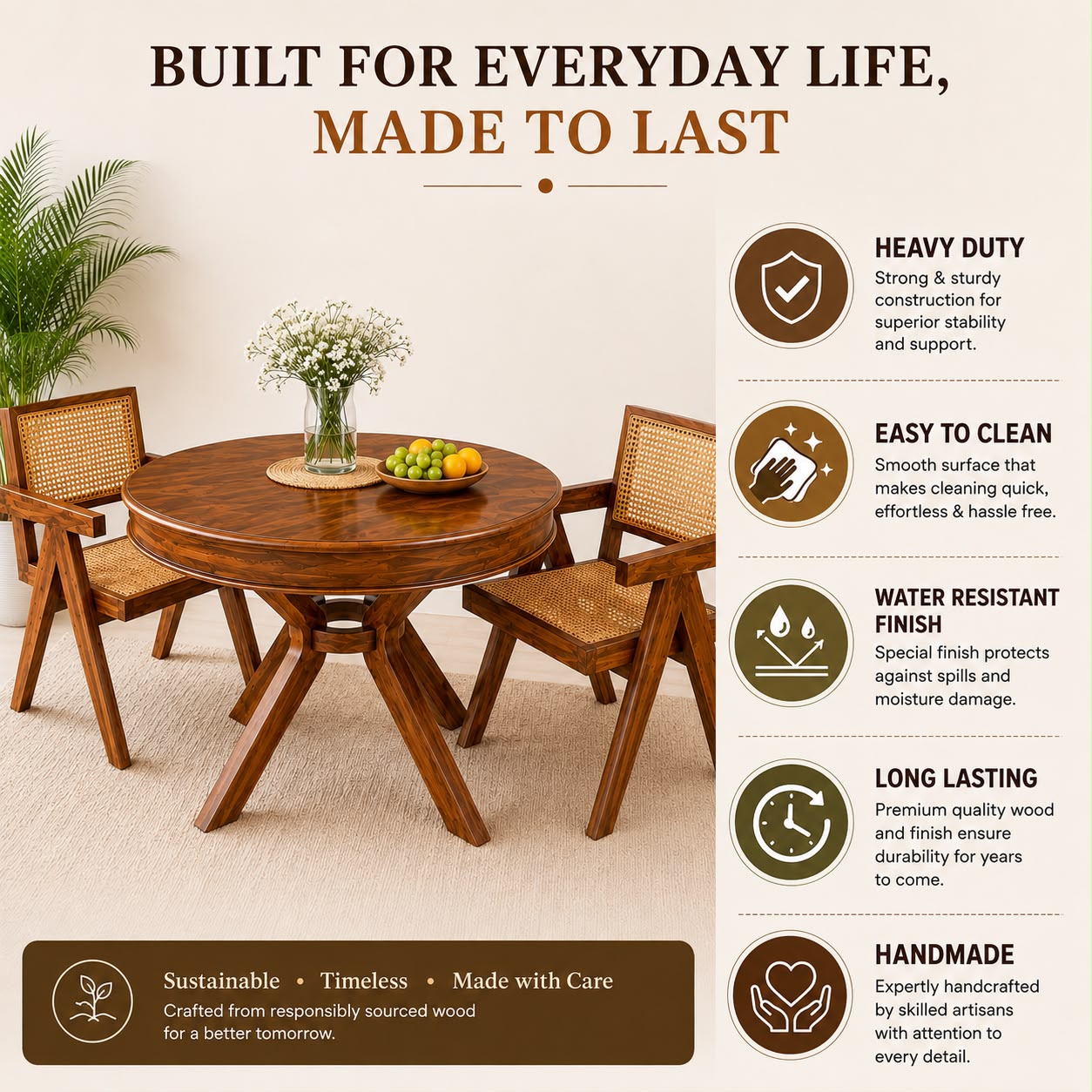 Premwood Solid Sheesham Wood Round Dining Table Set with 2 Cane Chairs | 100 cm Round Wooden Dining Set for Home & Dining Room | Honey Finish