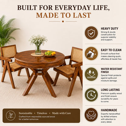 Premwood Solid Sheesham Wood Round Dining Table Set with 2 Cane Chairs | 100 cm Round Wooden Dining Set for Home & Dining Room | Honey Finish