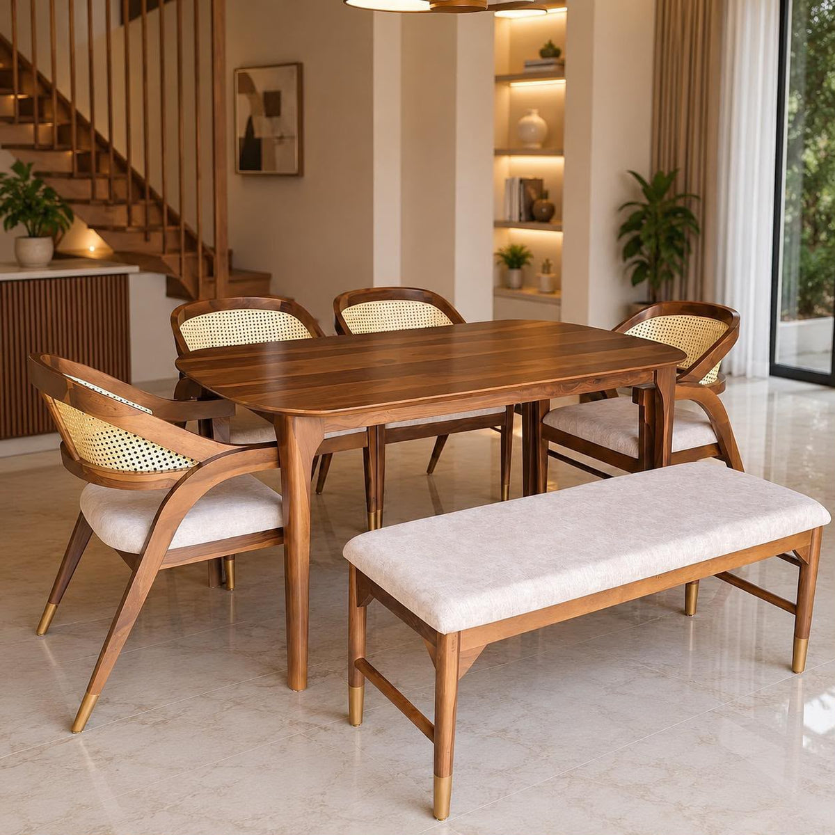 PremWood Solid Sheesham Wood 6-Seater Dining Table Set with Natural Rattan Cane Chairs & Upholstered Bench