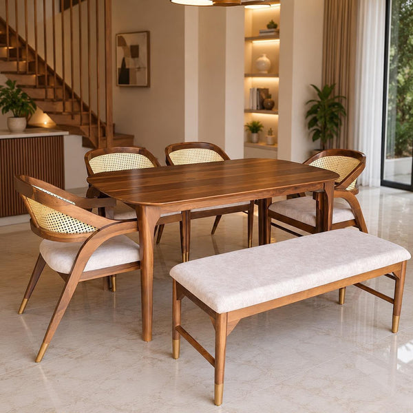 PremWood Solid Sheesham Wood 6-Seater Dining Table Set with Natural Rattan Cane Chairs & Upholstered Bench