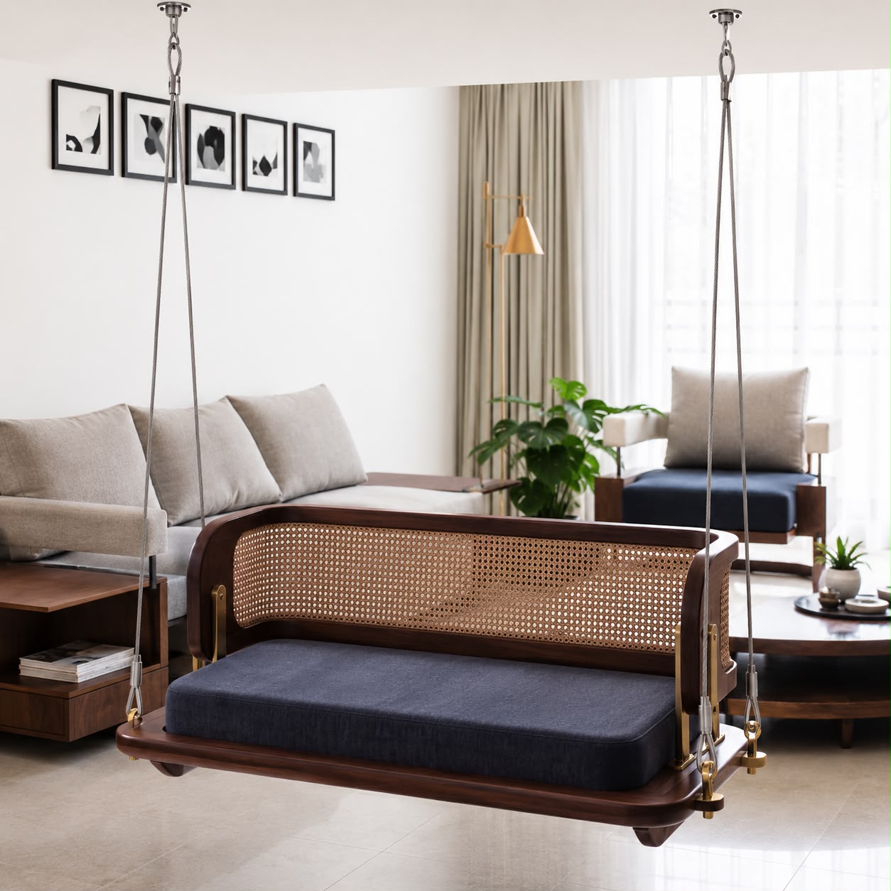 PremWood Solid Sheesham Wood Rattan Swing Sofa | Premium Wooden Hanging Sofa with Cane Backrest
