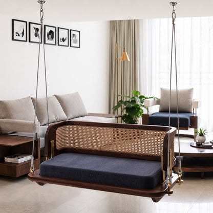 PremWood Solid Sheesham Wood Rattan Swing Sofa | Premium Wooden Hanging Sofa with Cane Backrest