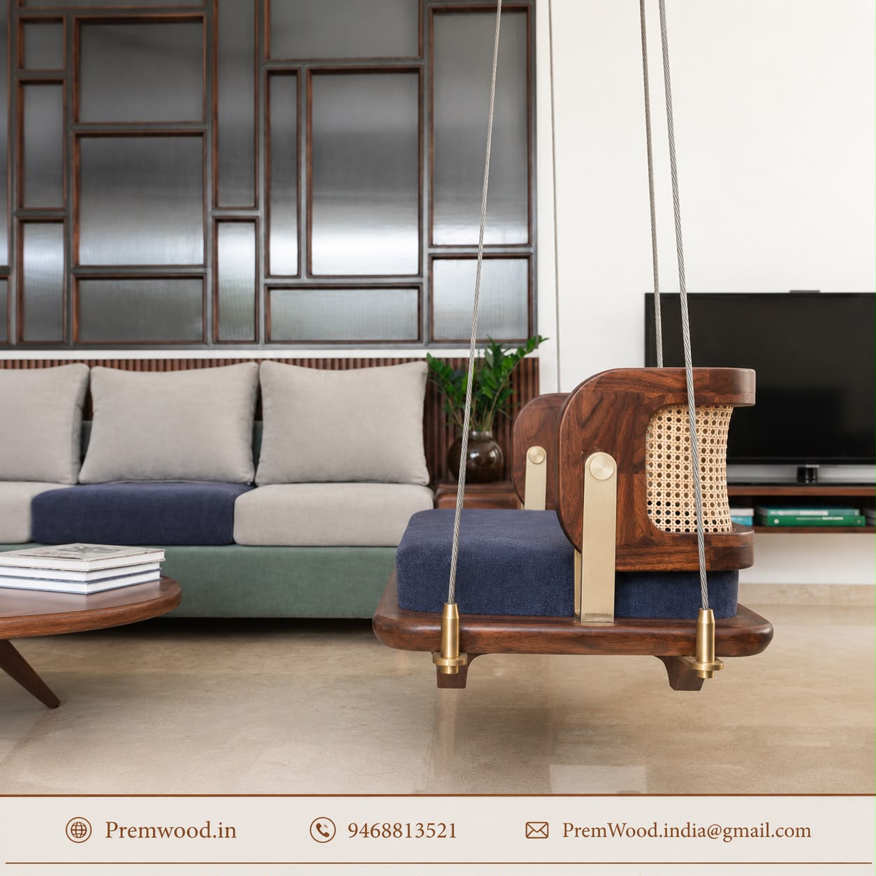 PremWood Solid Sheesham Wood Rattan Swing Sofa | Premium Wooden Hanging Sofa with Cane Backrest