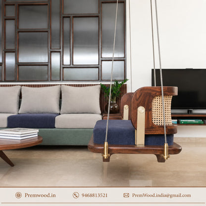 PremWood Solid Sheesham Wood Rattan Swing Sofa | Premium Wooden Hanging Sofa with Cane Backrest