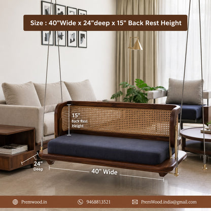 PremWood Solid Sheesham Wood Rattan Swing Sofa | Premium Wooden Hanging Sofa with Cane Backrest