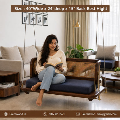 PremWood Solid Sheesham Wood Rattan Swing Sofa | Premium Wooden Hanging Sofa with Cane Backrest