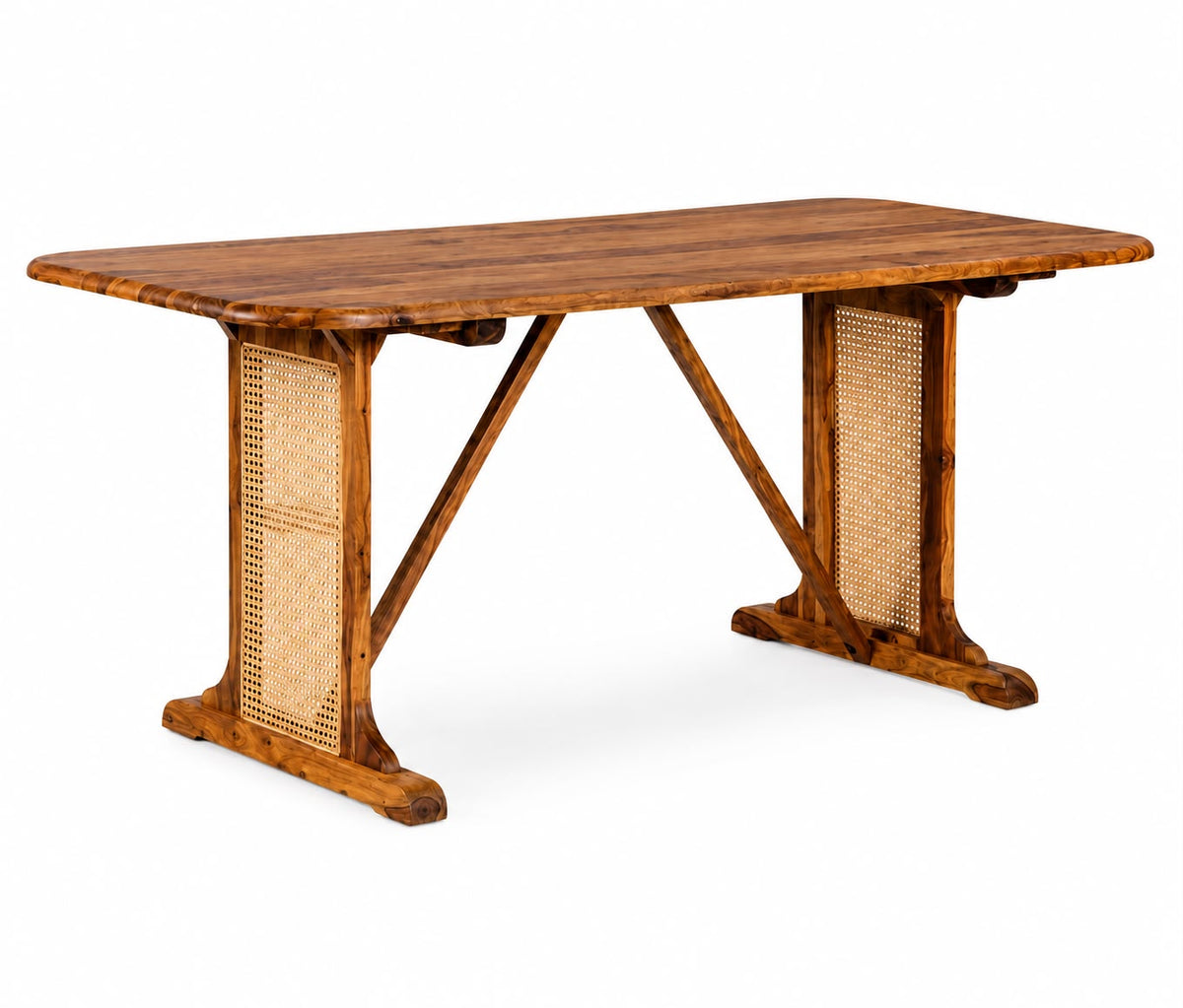 PremWood Solid Wood 6-Seater Dining Table with Natural Rattan Cane Panels | 68 × 35 × 30 Inch