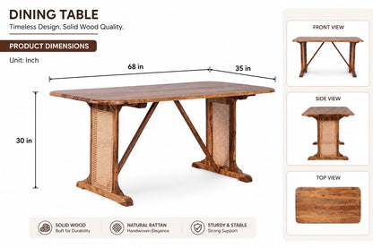 PremWood Solid Wood 6-Seater Dining Table with Natural Rattan Cane Panels | 68 × 35 × 30 Inch
