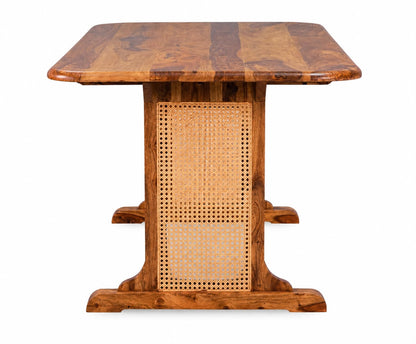 PremWood Solid Wood 6-Seater Dining Table with Natural Rattan Cane Panels | 68 × 35 × 30 Inch