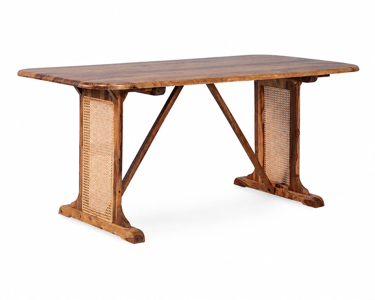 PremWood Solid Wood 6-Seater Dining Table with Natural Rattan Cane Panels | 68 × 35 × 30 Inch