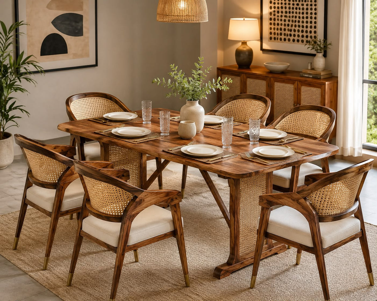 PremWood Solid Wood 6-Seater Dining Table with Natural Rattan Cane Panels | 68 × 35 × 30 Inch