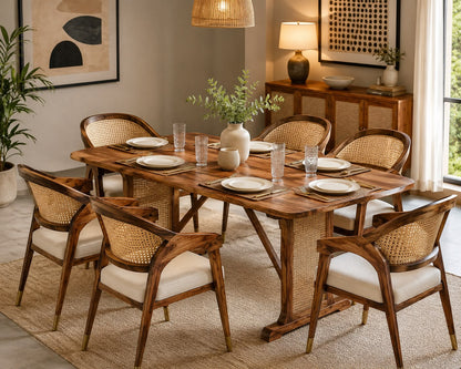 PremWood Solid Wood 6-Seater Dining Table with Natural Rattan Cane Panels | 68 × 35 × 30 Inch