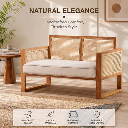 PremWood Solid Wood 2 Seater Sofa with Handwoven Rattan Cane | Modern Wooden Loveseat for Living Room