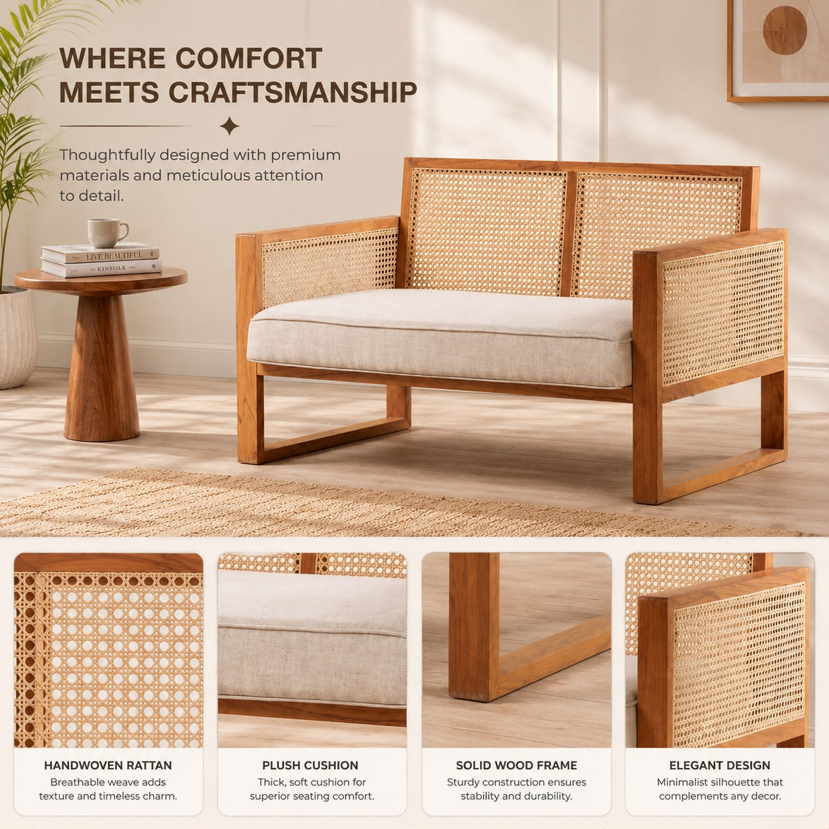 PremWood Solid Wood 2 Seater Sofa with Handwoven Rattan Cane | Modern Wooden Loveseat for Living Room