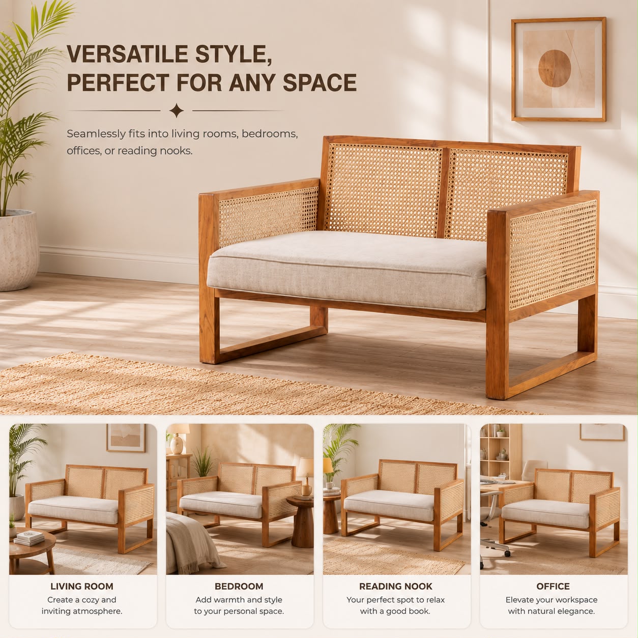 PremWood Solid Wood 2 Seater Sofa with Handwoven Rattan Cane | Modern Wooden Loveseat for Living Room