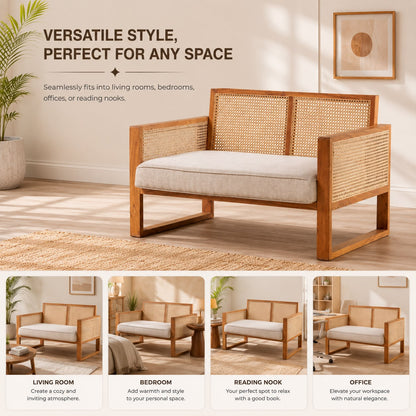PremWood Solid Wood 2 Seater Sofa with Handwoven Rattan Cane | Modern Wooden Loveseat for Living Room
