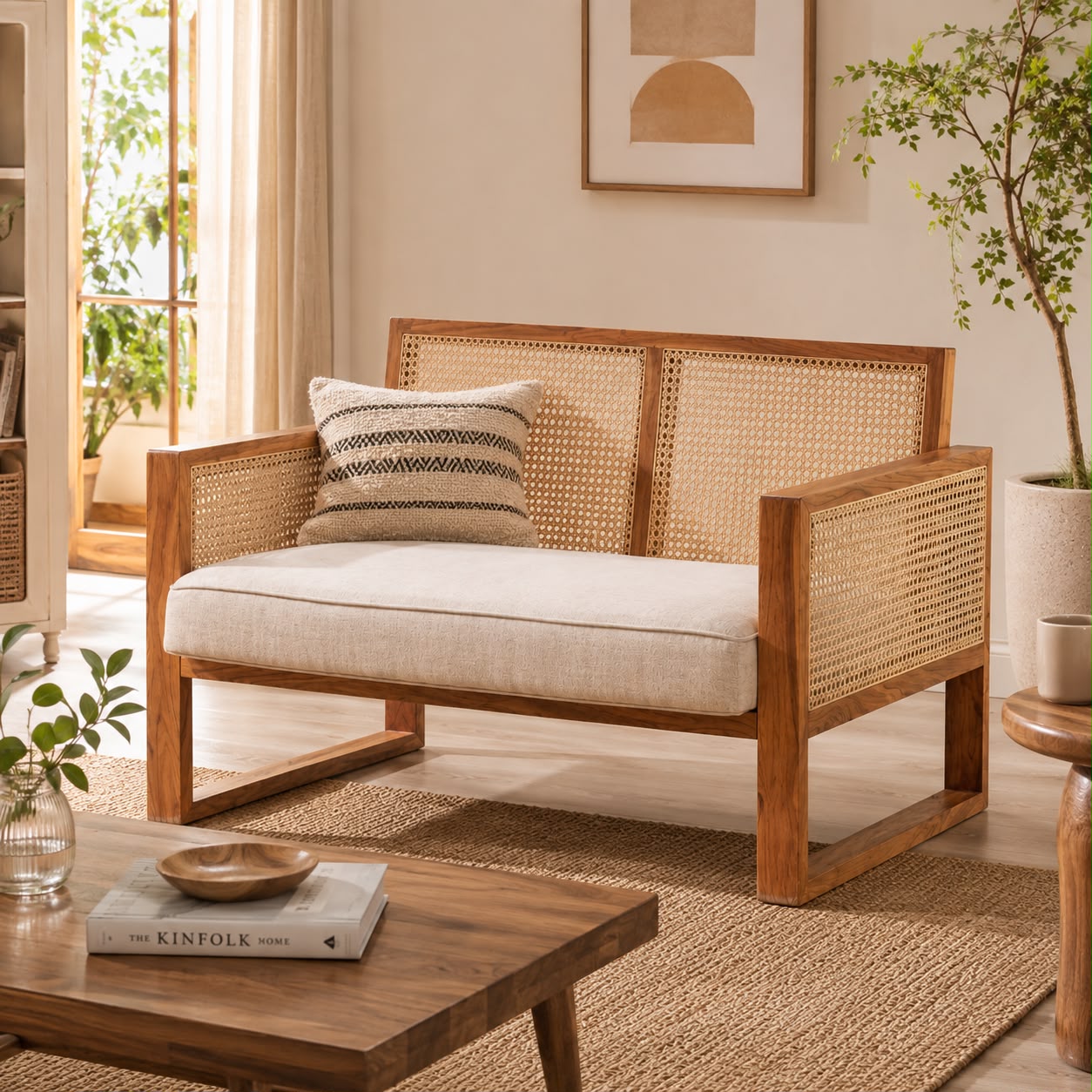 PremWood Solid Wood 2 Seater Sofa with Handwoven Rattan Cane | Modern Wooden Loveseat for Living Room