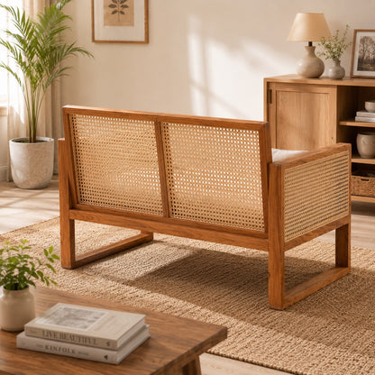 PremWood Solid Wood 2 Seater Sofa with Handwoven Rattan Cane | Modern Wooden Loveseat for Living Room