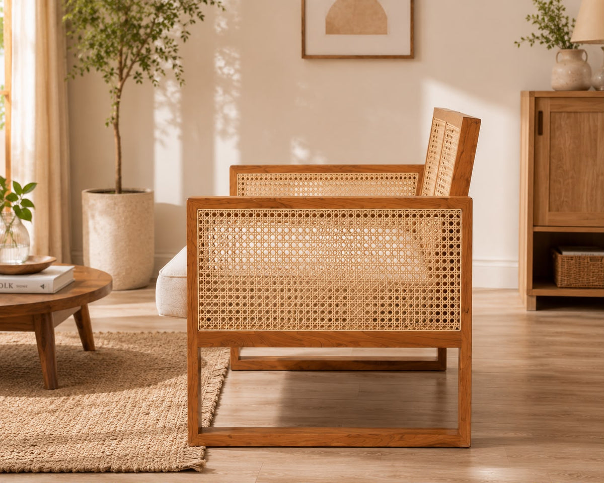 PremWood Solid Wood 2 Seater Sofa with Handwoven Rattan Cane | Modern Wooden Loveseat for Living Room
