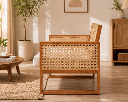 PremWood Solid Wood 2 Seater Sofa with Handwoven Rattan Cane | Modern Wooden Loveseat for Living Room