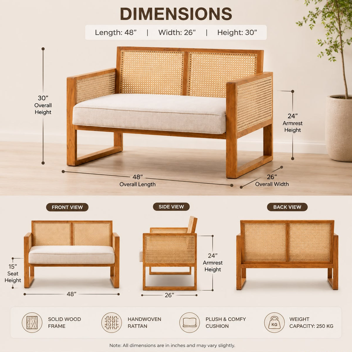 PremWood Solid Wood 2 Seater Sofa with Handwoven Rattan Cane | Modern Wooden Loveseat for Living Room
