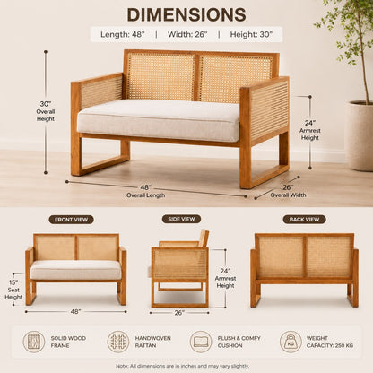 PremWood Solid Wood 2 Seater Sofa with Handwoven Rattan Cane | Modern Wooden Loveseat for Living Room