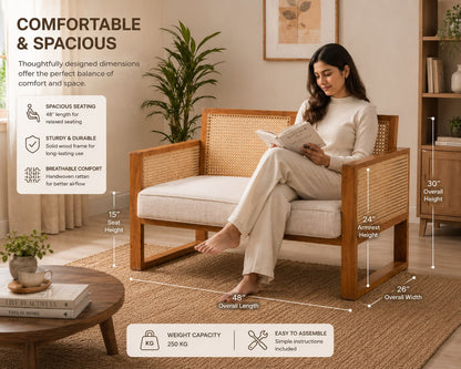PremWood Solid Wood 2 Seater Sofa with Handwoven Rattan Cane | Modern Wooden Loveseat for Living Room