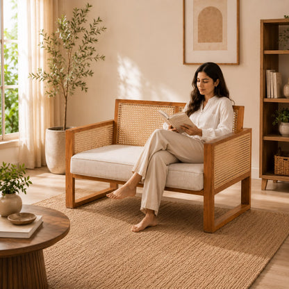 PremWood Solid Wood 2 Seater Sofa with Handwoven Rattan Cane | Modern Wooden Loveseat for Living Room