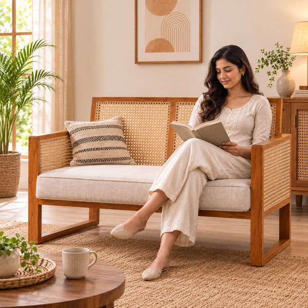 PremWood Solid Wood 2 Seater Sofa with Handwoven Rattan Cane | Modern Wooden Loveseat for Living Room