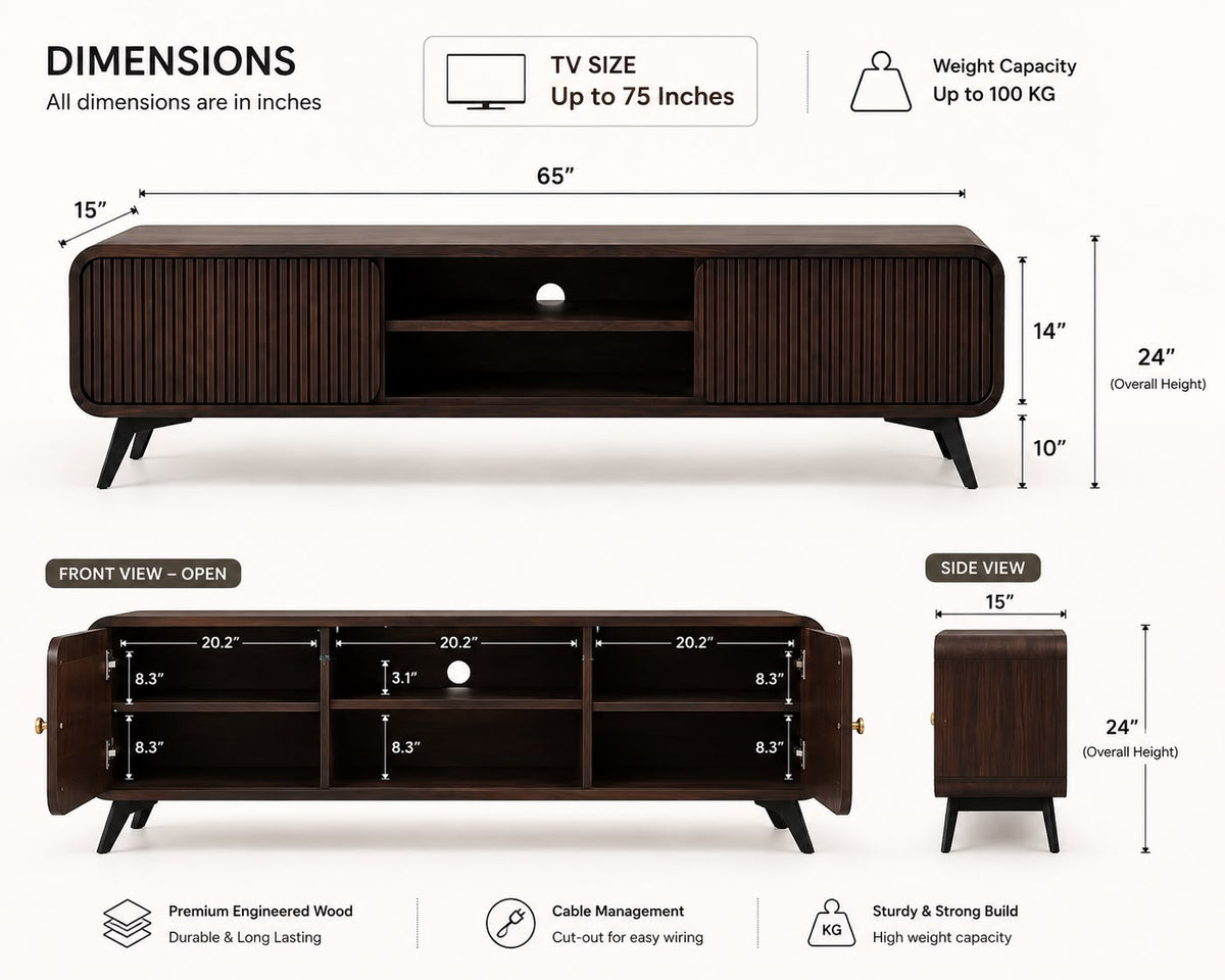 PremWood Modern Fluted TV Unit / Media Console | 65 Inch TV Stand with Storage Cabinet