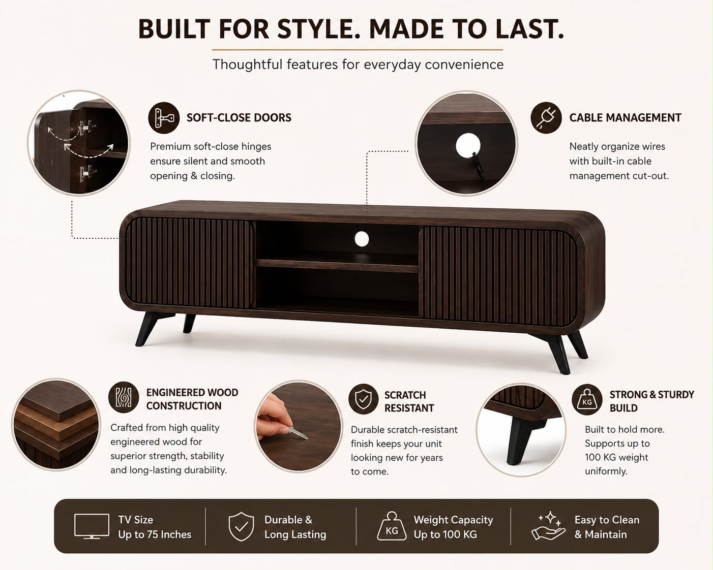 PremWood Modern Fluted TV Unit / Media Console | 65 Inch TV Stand with Storage Cabinet