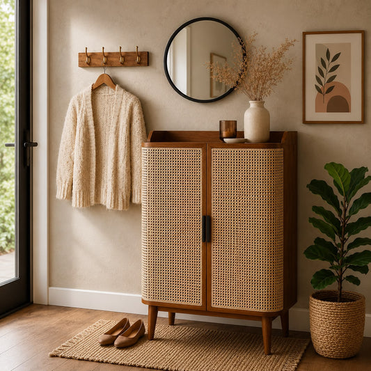 PremWood Solid Wood Rattan Cane Shoe Cabinet | 2-Door Entryway Storage Cabinet with 4 Shelves
