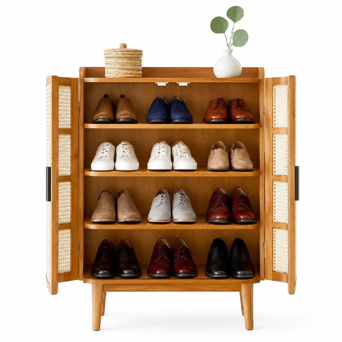 PremWood Solid Wood Rattan Cane Shoe Cabinet | 2-Door Entryway Storage Cabinet with 4 Shelves