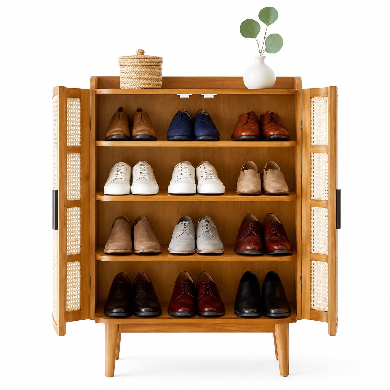 PremWood Solid Wood Rattan Cane Shoe Cabinet | 2-Door Entryway Storage Cabinet with 4 Shelves