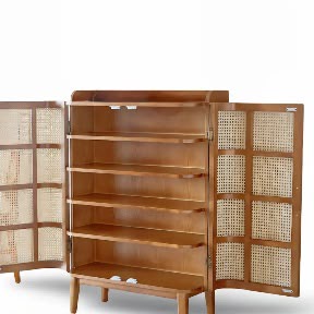 PremWood Solid Wood Rattan Cane Shoe Cabinet | 2-Door Entryway Storage Cabinet with 4 Shelves