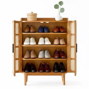 PremWood Solid Wood Rattan Cane Shoe Cabinet | 2-Door Entryway Storage Cabinet with 4 Shelves