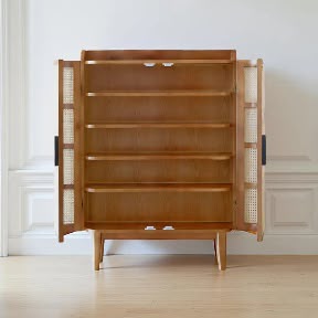 PremWood Solid Wood Rattan Cane Shoe Cabinet | 2-Door Entryway Storage Cabinet with 4 Shelves