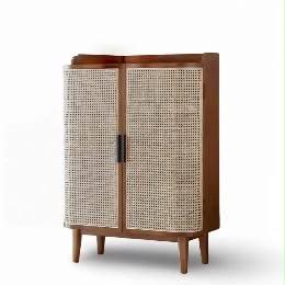 PremWood Solid Wood Rattan Cane Shoe Cabinet | 2-Door Entryway Storage Cabinet with 4 Shelves