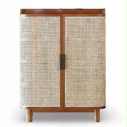 PremWood Solid Wood Rattan Cane Shoe Cabinet | 2-Door Entryway Storage Cabinet with 4 Shelves