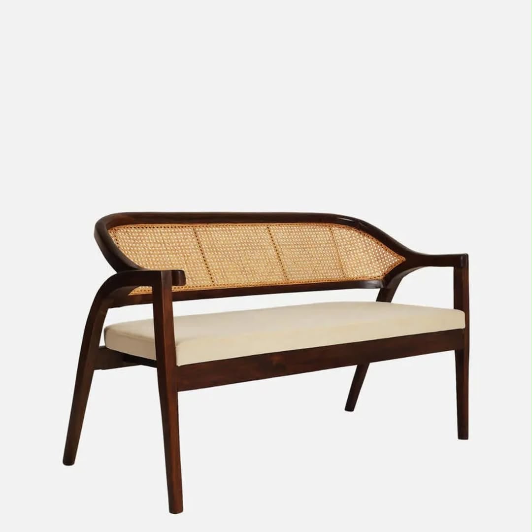 PremWood Rattan 2 Seater Sofa Bench | Solid Wood Frame with Handwoven Cane Back