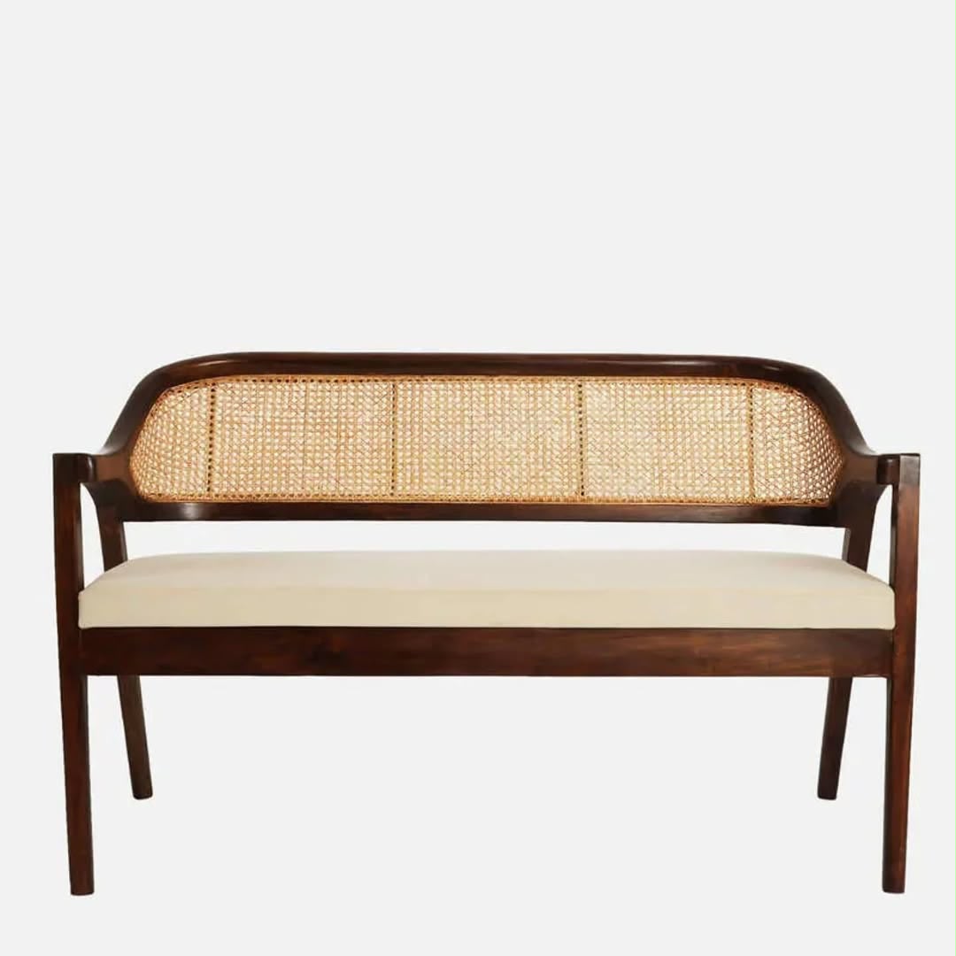 PremWood Rattan 2 Seater Sofa Bench | Solid Wood Frame with Handwoven Cane Back