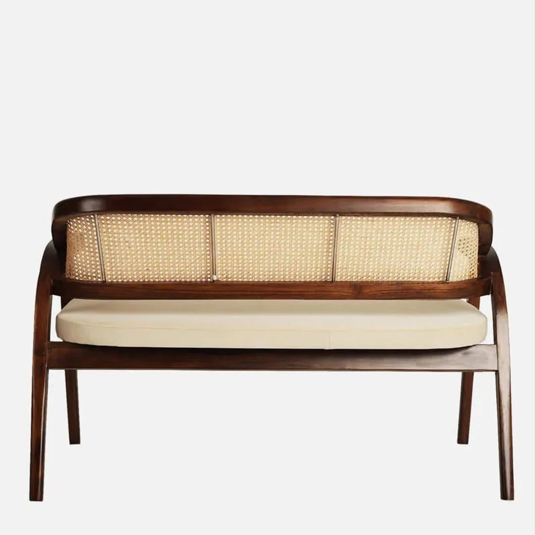 PremWood Rattan 2 Seater Sofa Bench | Solid Wood Frame with Handwoven Cane Back