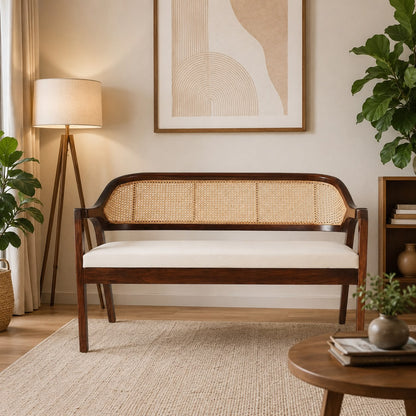 PremWood Rattan 2 Seater Sofa Bench | Solid Wood Frame with Handwoven Cane Back
