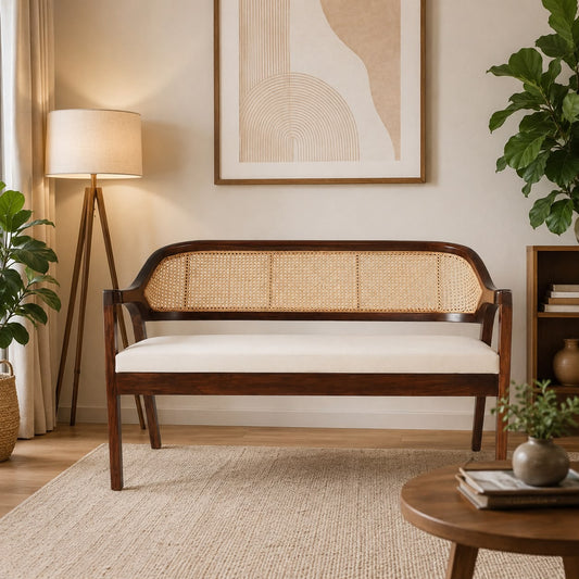PremWood Rattan 2 Seater Sofa Bench | Solid Wood Frame with Handwoven Cane Back