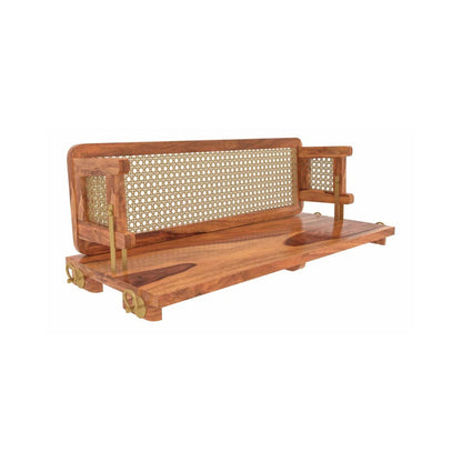 PremWood Solid Sheesham Wood Swing Jhula with Natural Rattan Cane Backrest, Brass-Coated Rods, Honey Finish, Handcrafted Hanging Swing for Home, Balcony & Living Room