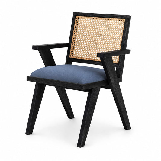 PremWood Cane Back Dining Armchair with Blue Upholstered Seat, Solid Wood Frame, Natural Rattan Cane Backrest, Mid-Century Modern Accent Chair for Dining Room & Living Room