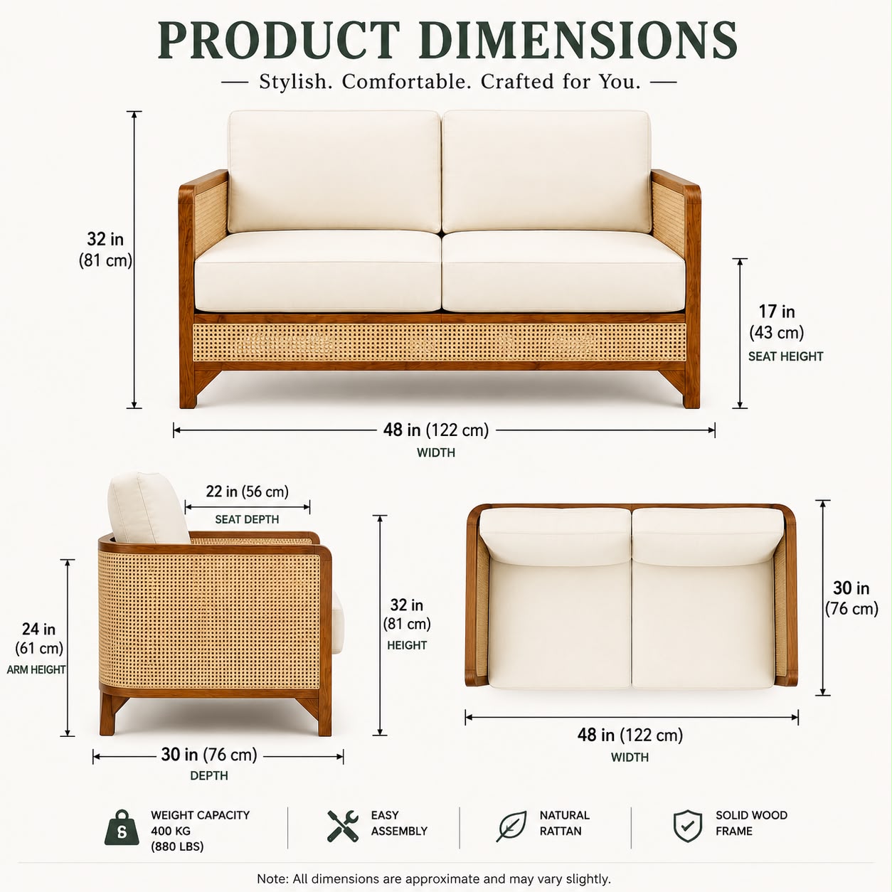 Premwood Rattan 2-Seater Sofa with Premium Cushions | Solid Sheesham Wood Frame | Handwoven Natural Cane | Modern Living Room Loveseat | Ivory Cushions | Honey Finish