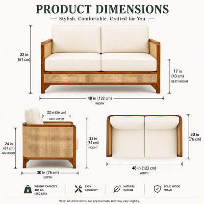 Premwood Rattan 2-Seater Sofa with Premium Cushions | Solid Sheesham Wood Frame | Handwoven Natural Cane | Modern Living Room Loveseat | Ivory Cushions | Honey Finish