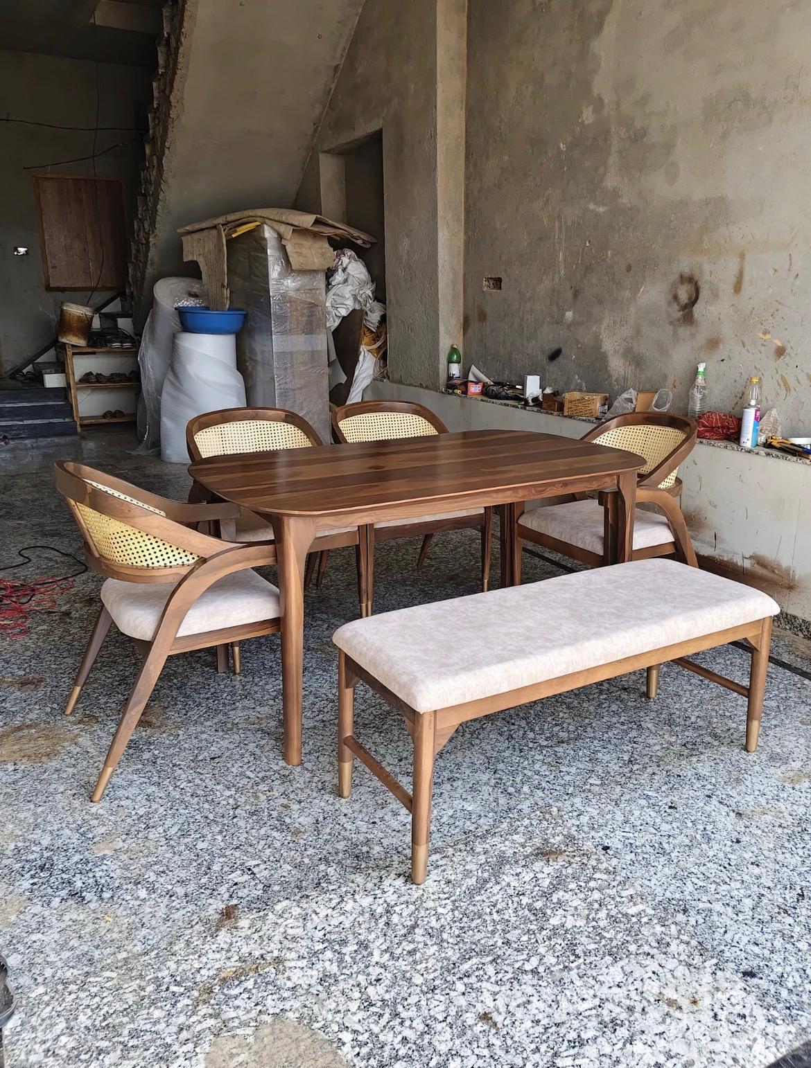 PremWood Solid Sheesham Wood 6-Seater Dining Table Set with Natural Rattan Cane Chairs & Upholstered Bench